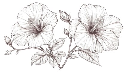 Elegant line art depiction of hibiscus blossoms and leaves.