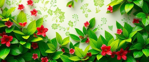 Vibrant green leaves & floral pattern, ideal summer vacation background, illustration, vivid