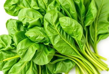 Fototapeta premium Vibrant green spinach leaves, freshly picked, isolated on pure white, still life, background