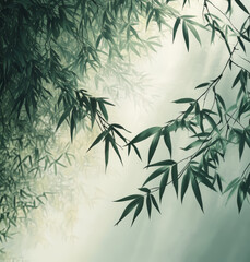 Bamboo leaves on a foggy background