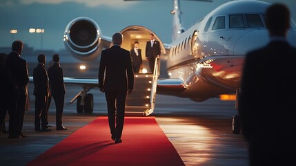 Private jet arrival with esteemed passengers.
