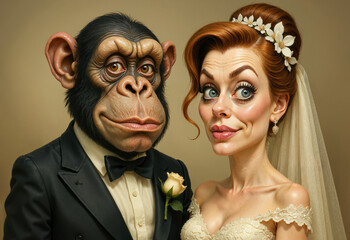 Unnatural Wedding Portrait of a Human Bride and a Chimpanzee Groom in Tuxedo