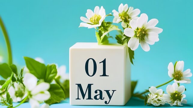 "01 May" White Cube Block with Text, Fresh Spring Flowers, Pastel Blue Background in Minimalistic Style