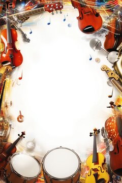 Colorful music border with drums, violins and flying notes in a vibrant scene