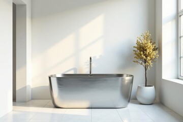 Modern minimalist bathroom design featuring a sleek metallic bathtub and a potted plant