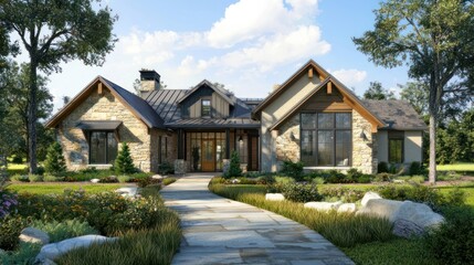 Naklejka premium Modern farmhouse-style home with a combination of stone and wood elements, natural setting