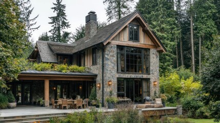 Naklejka premium Modern farmhouse-style home with a combination of stone and wood elements, natural setting