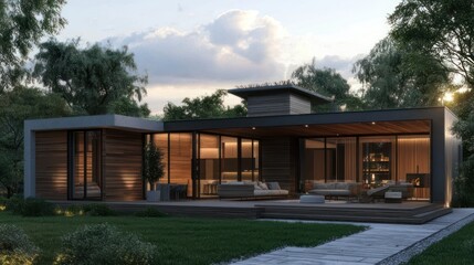 Fototapeta premium Modern home with wooden paneling and expansive outdoor living space, sunset lighting
