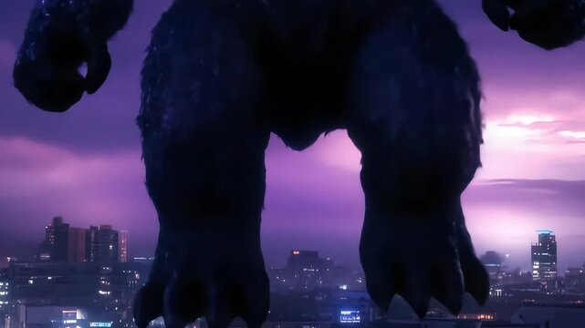 Giant creature towering over a city skyline at dusk, creating a dramatic and cinematic atmosphere