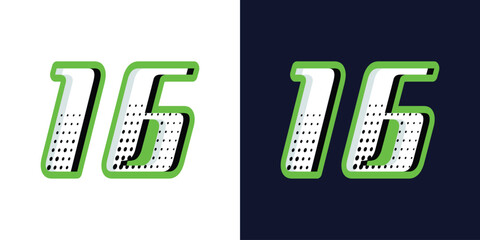 number 16 white and racing green for sports, racing, and esports and jersey