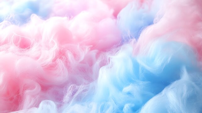 Close-up view of soft, fluffy pink and blue candy floss.