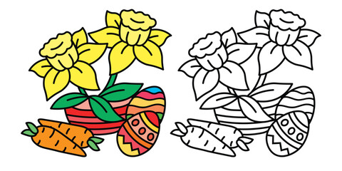 Easter daffodils flowers coloring page sheets, Easter Flowers, Line Art Drawing, Easter-themed, Holiday Coloring Fun, Coloring Illustration stock illustration,