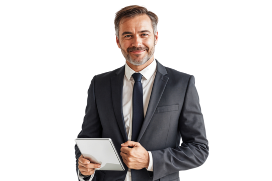 Confident senior businessman holding a tablet for working, smiling at the camera, isolated on transparent background - Powered by Adobe
