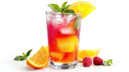 Mojito cocktail colorful and refreshing cocktail in tall glass, isolated with white background, studio lighting