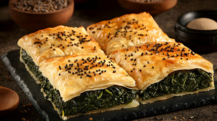 Four golden-brown, flaky pastries filled with spinach, topped with black sesame seeds