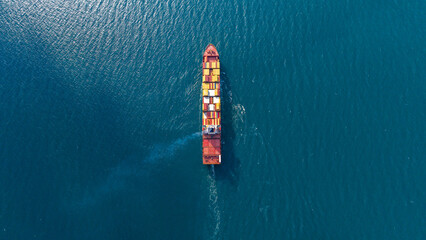 Top view Container ship full capacity approaching port International Container ship loading, unloading at sea port, Freight Transportation, Shipping,Logistics, import export, Transportation. Global