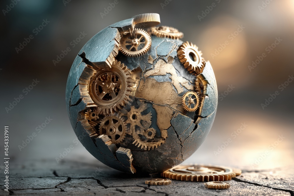 Aufkleber Cracked Globe Unveils Intricate Factory Gears, Symbolizing Global Supply Chains and Interconnected Manufacturing Systems Generative AI
