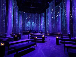 Immersive digital art exhibit with geometric projections and soft lighting creating an ethereal, otherworldly atmosphere.