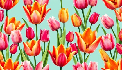 Vibrant seamless pattern of colorful tulips in vector art style, perfect for wallpaper or decoration, art, texture