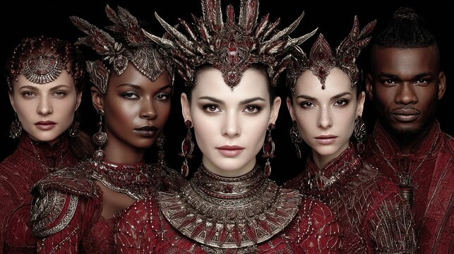 Five mystical figures portray ancient deities with striking jewelry and elaborate red garments