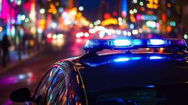 Emergency services responding to an incident in the city at night, police car