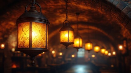 Warm, vintage lamps in a dimly lit cellar