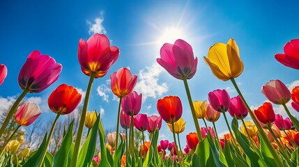 Fototapeta premium Vibrant tulip garden against a clear sky, viewed from a low angle