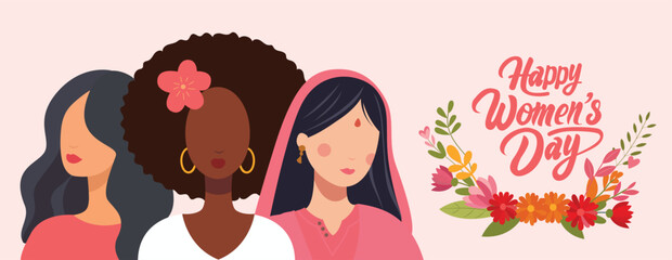 Happy women’s day greeting card. International women’s day banner design. Rights for women all over the world. Vector illustration.