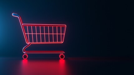 Shopping Digital Concept. Shopping cart illuminated with neon lights against a dark background.