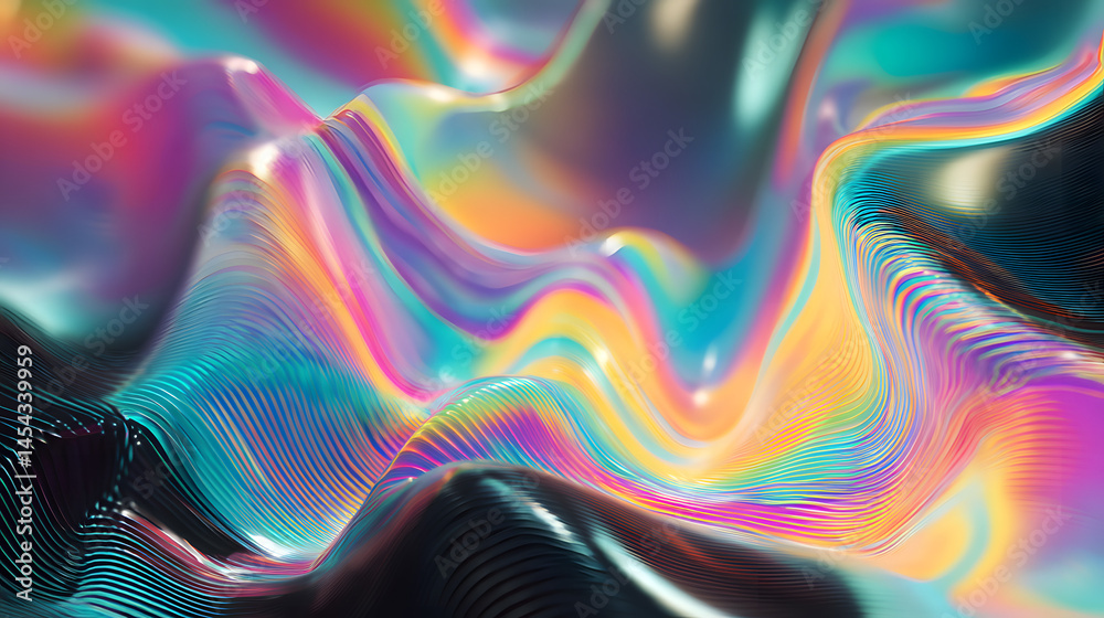 Poster iridescent waves of abstract light and shadow a textured display of a colorful surface showing refle