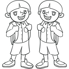 Kids coloring page of two boys with backpacks, perfect for activity books, educational materials, and outdoor adventurethemed projects.