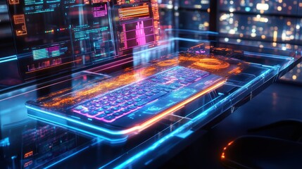 Obraz premium Futuristic computer workstation with glowing keyboard and holographic displays