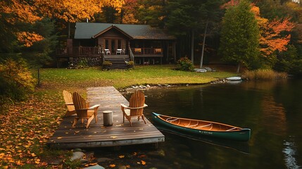Peaceful autumn cabin on a serene lake.