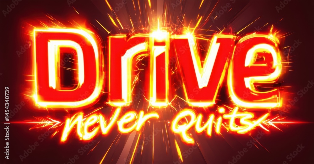 Aufkleber bright red title displays drive above slogan never quits. fiery effects radiate from text, creating 