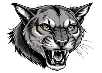 Aggressive Cougar Head Illustration Black and White