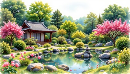 Obraz premium Serene Springtime Japanese Garden with Pagoda Peaceful Pond and Blooming Flowers