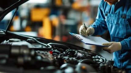 Mechanic is writing on a clipboard while inspecting a car. Concept of professionalism and attention to detail, as the mechanic carefully notes down any issues or concerns with the vehicle