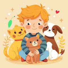 Happy Boy Child Hugging Pets Dog Cat Illustration