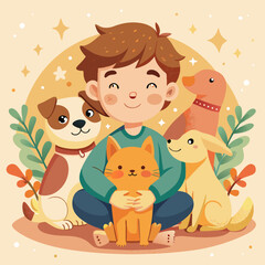 Happy Child Surrounded by Adorable Pets Dog, Cat, and Puppy