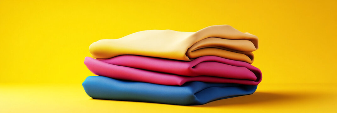 Stack of Colorful Folded Fabric  Textile  Clothing  Soft  Yellow Background  Fashion  Appa