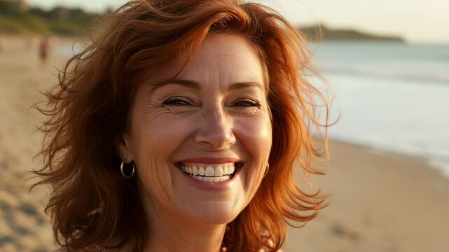 Happy Red Haired Woman Smiling Wide On Sunny Beach Enjoying Summer Vacation With Golden Light And Ocean Waves