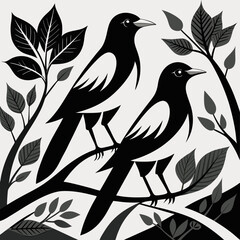 Two Magpies Perched on a Branch with Stylized Leaves