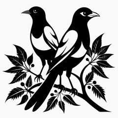 Two Magpies Perched on a Branch with Berries