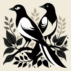 Elegant Black and White Magpies on Branch with Leaves