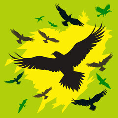 Abstract Illustration of Birds in Flight Against a Vibrant Yellow and Green Background