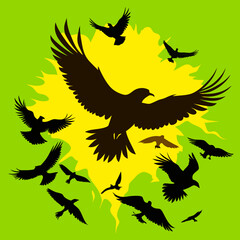 Silhouette of Birds in Flight Against Yellow and Green Background