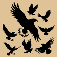Collection of Black Bird Silhouettes Flying in the Air