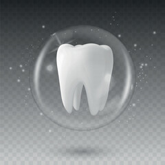 Vector 3D Realistic Tooth in a Protective Bubble Icon Isolated. Design Template, Clipart. Dentistry, Healthcare, Medical, Hygiene, Protection Concept