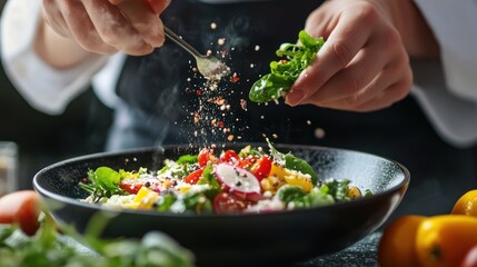 Culinary artistry: chef seasoning fresh salad with vibrant ingredients beautifully arranged