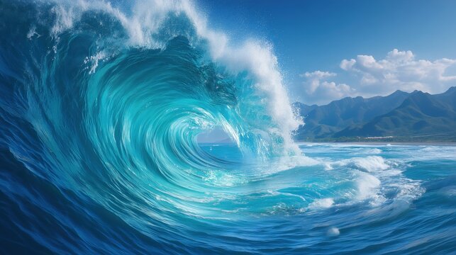 Powerful turquoise ocean wave curling into a barrel near mountains under a cloudy sky